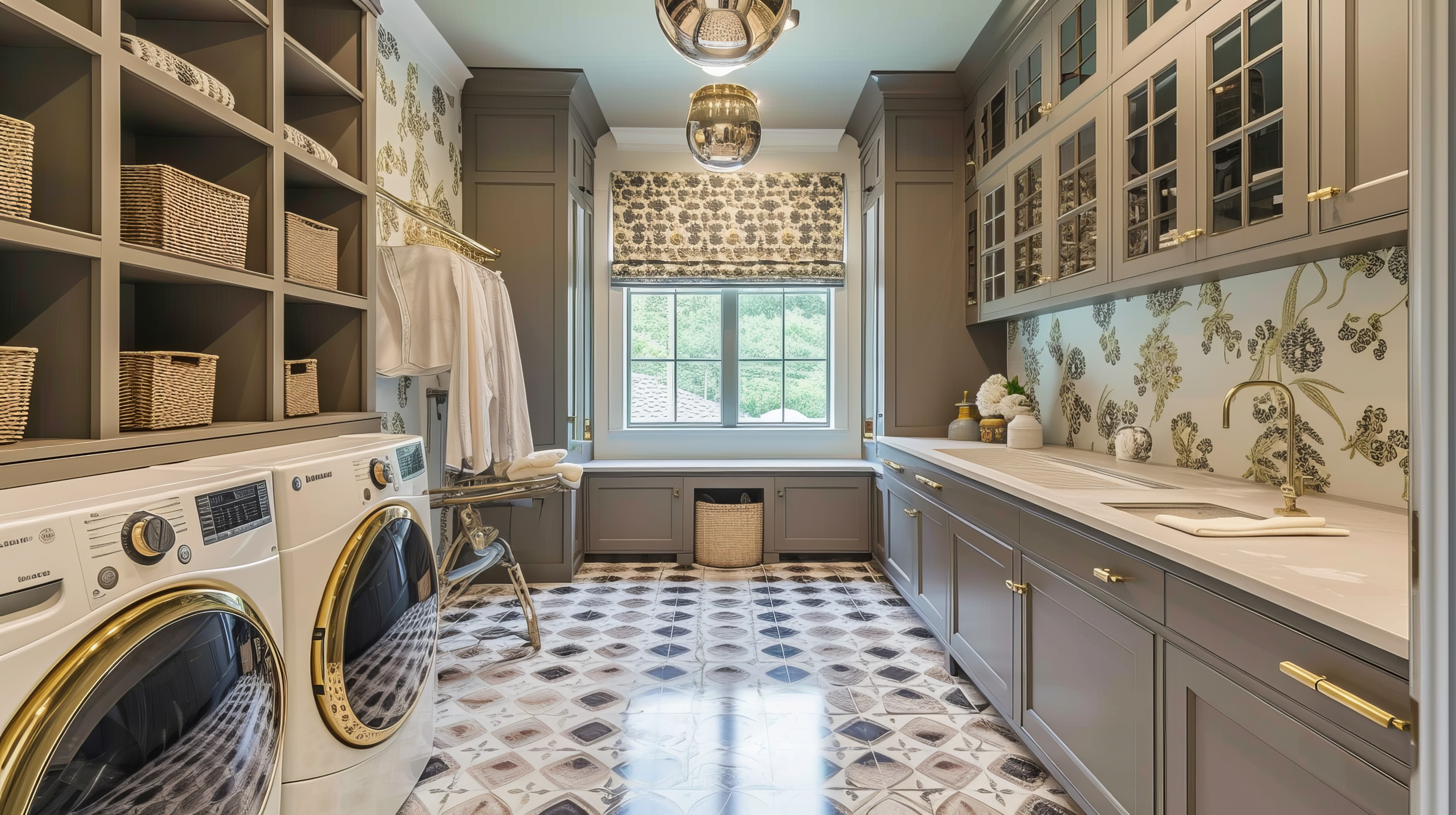 Considered cabinetry details in a finished laundry room