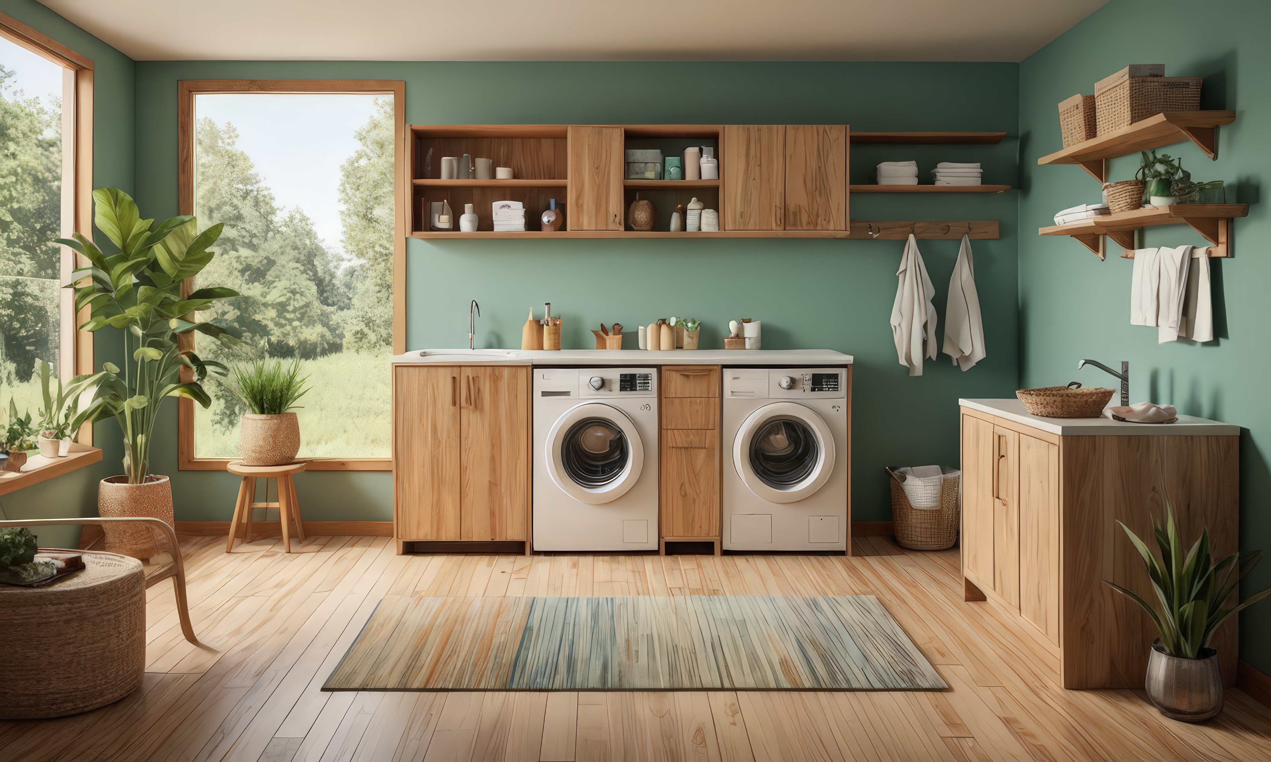 Light wood cabinetry in a bright utility space